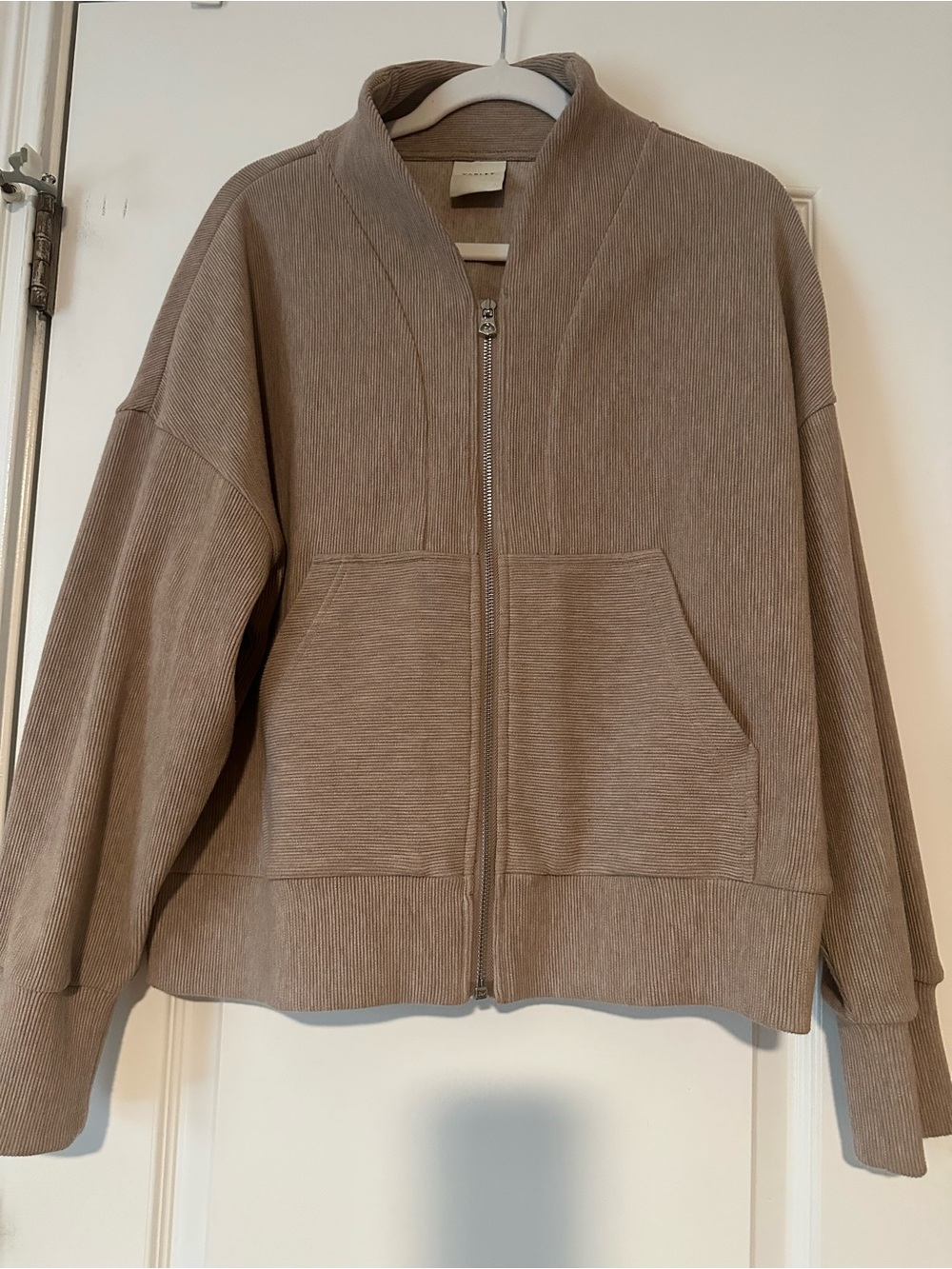 Varley Taupe Ribbed Zip Bomber Jacket